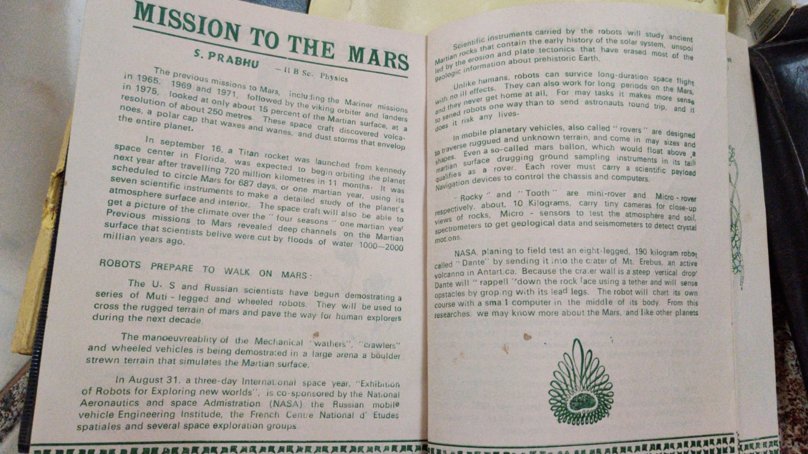 Mission to Mars — original magazine article by S. Prabhu, II B.Sc. Physics, 1993